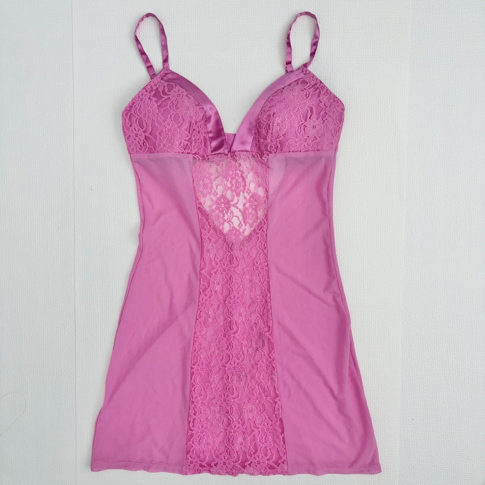 Frederick's of Hollywood Chemise Lace Mesh Babydoll Size S Pink
